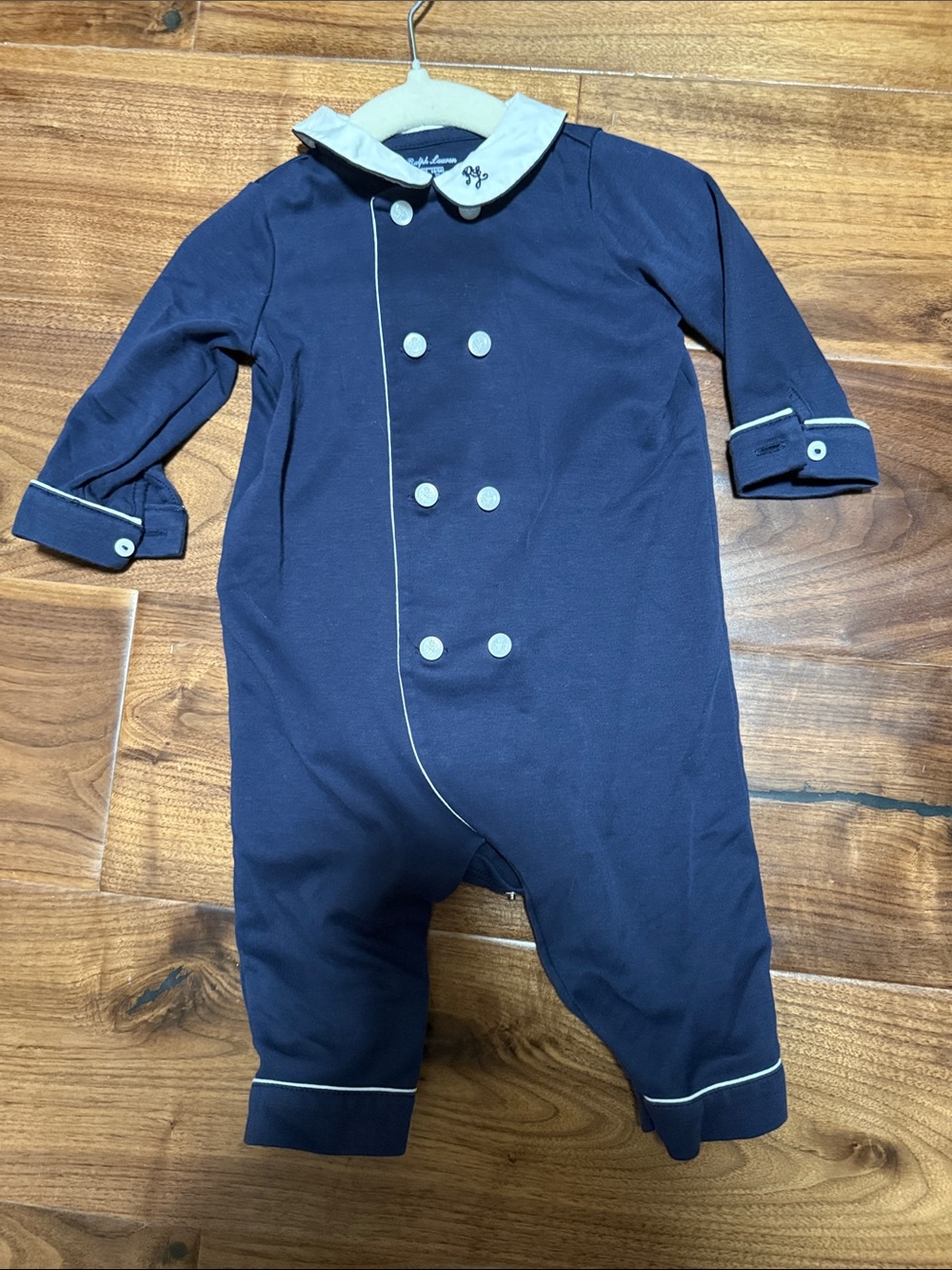 Ralph Lauren Navy One-Piece Footie with Cream Trim